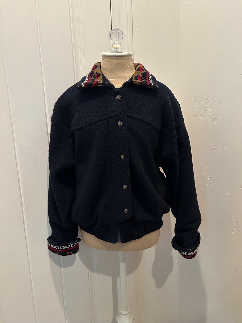 Boiled Wool Black Teddy Jacket with Patterned Collar and Cuffs